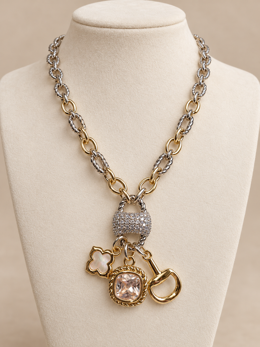 14K Gold Plated Two Tone CZ Stone Paved Cluster Accent Open Clover Stone Cluster Horsebit Charm Pendant Necklace