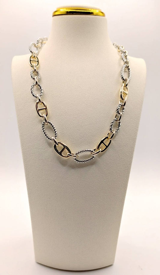 14K GP Two Tone Mixed Link Chunky Necklace