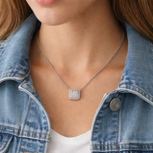 14K Gold Plated CZ Stone Paved Square Pendant Necklace