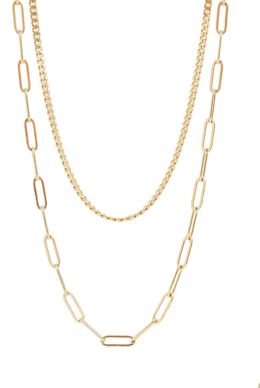 18K Gold PVD Stainless Steel Curb and Paperclip Layered Chain Necklace