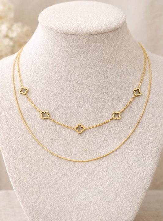 18K Gold PVD Stainless Steel Layered Clover Charm Necklace