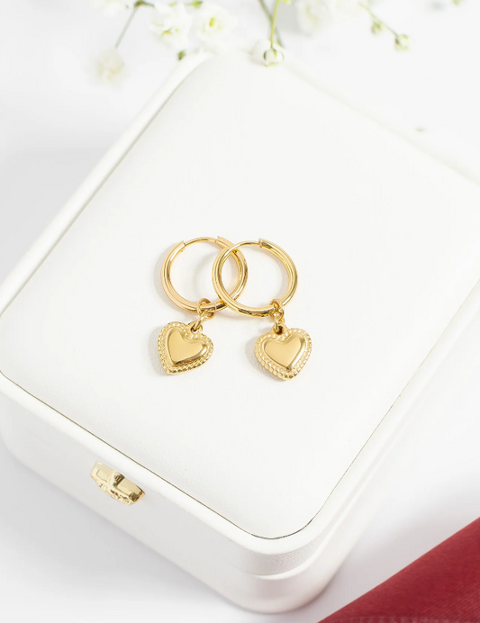 18K Gold PVD Stainless Steel Heart Pendant Hoop Earrings
