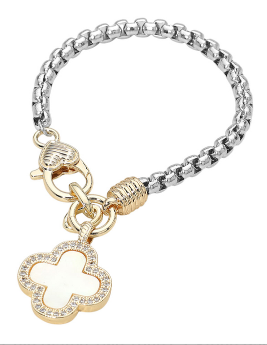 14K Gold Plated Two Tone CZ Stone Paved Quatrefoil Charm Bracelet