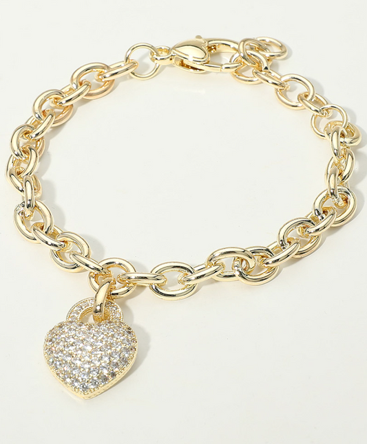 14K Gold Plated CZ Pave Heart Charm Chunky Chain Bracelet
