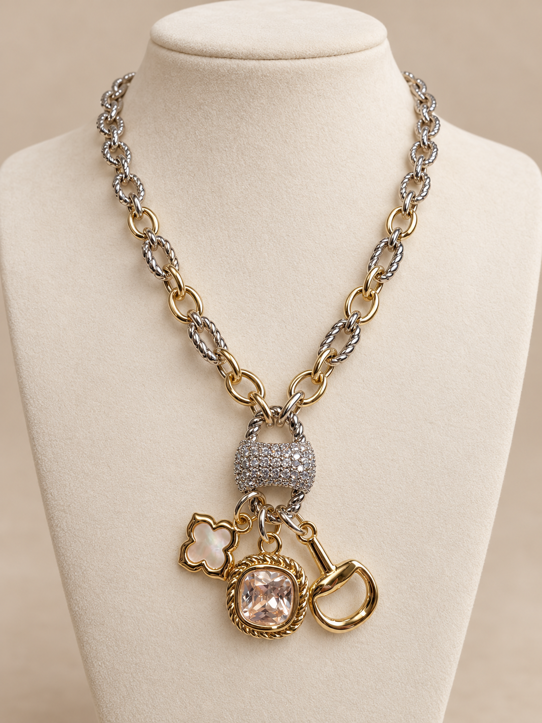 14K Gold Plated Two Tone CZ Stone Paved Cluster Accent Open Clover Stone Cluster Horsebit Charm Pendant Necklace
