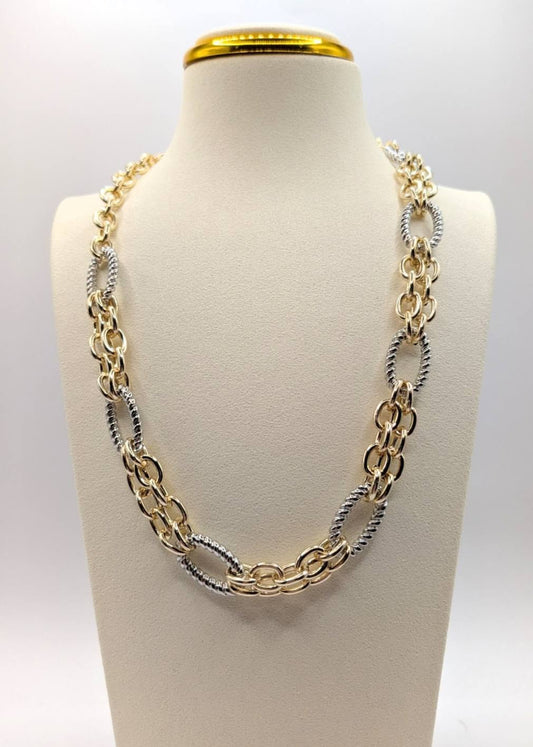 14K GP Two Tone Multi Link Chunky Necklace
