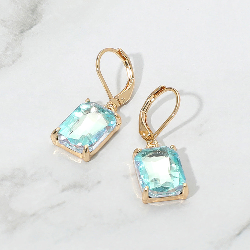 Emerald Cut (Aqua) Rhinestone dangle earrings(Gold)