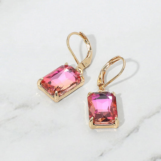 Emerald Cut (Rose) Rhinestone dangle earrings (Gold)
