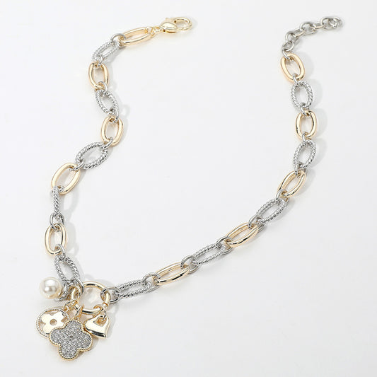 14K Gold Plated CZ Stone Paved Quatrefoil Pearl Metal Heart Pendant Two Tone Chunky   Necklace