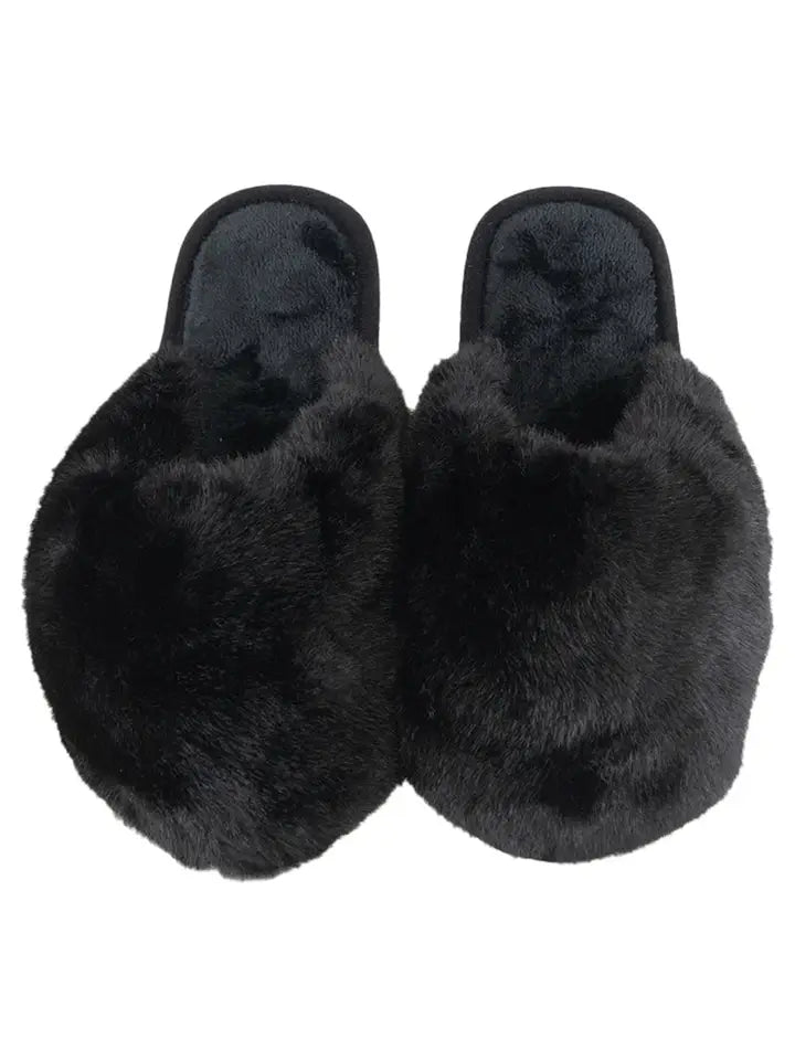 Blk Faux Fur Slippers