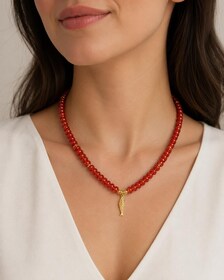 Natural Orange Red Chalcedony Necklace, 18K Gold Filled Fish Charm, Coastal Jewelry