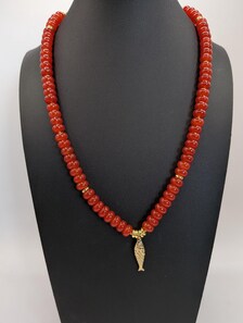 Natural Orange Red Chalcedony Necklace, 18K Gold Filled Fish Charm, Coastal Jewelry