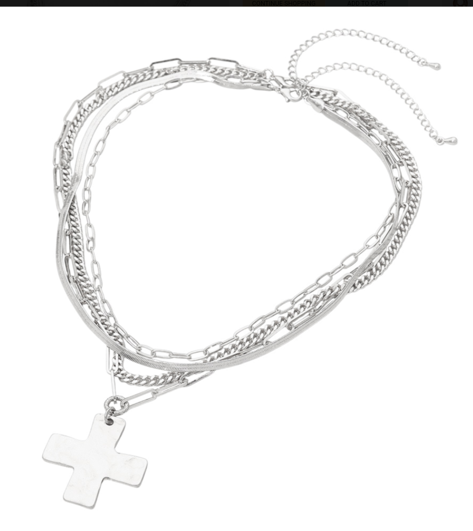 2PCS - Hammered Metal Cross Pendant Accent Multi Chain Layered Necklaces
