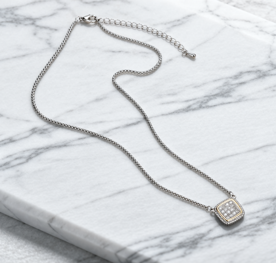 14K Gold Plated CZ Stone Paved Square Pendant Necklace