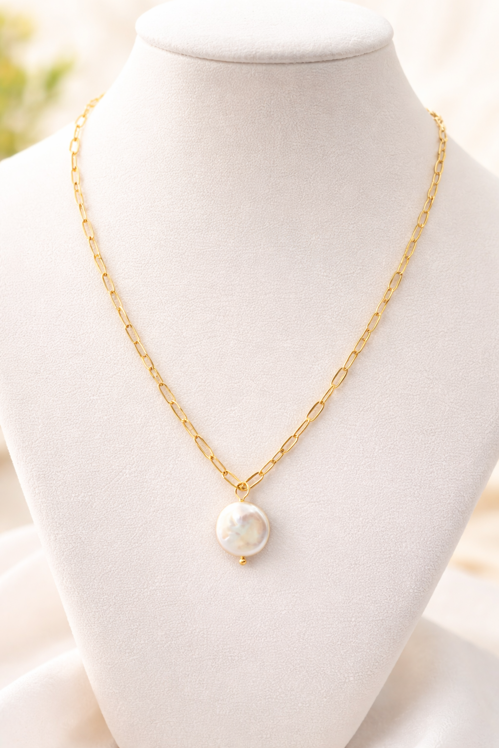 Luminous “classic pearl-style accent Pendant Necklace on Gold Paperclip  PVD Chain .