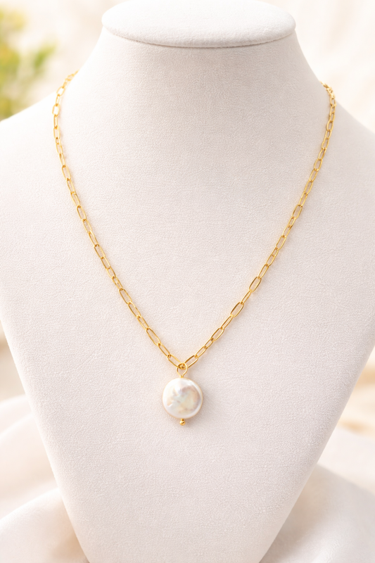 Luminous “classic pearl-style accent Pendant Necklace on Gold Paperclip  PVD Chain .
