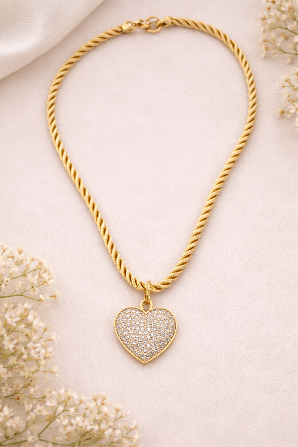 Gold Silk Rope Necklace with Pavé Heart Pendant