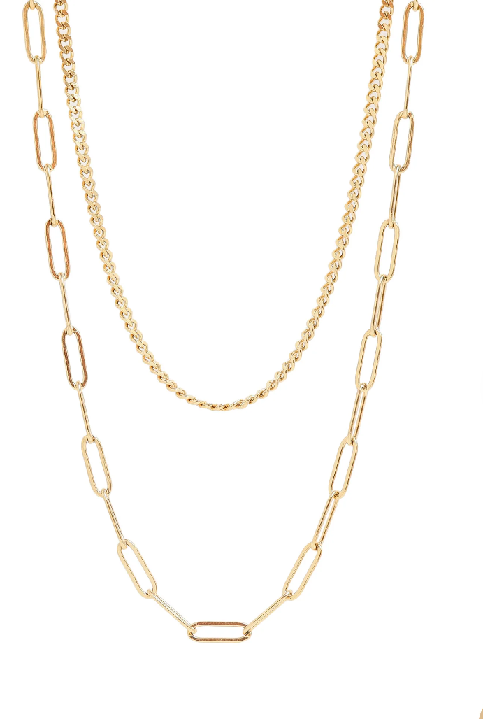 18K Gold PVD Stainless Steel Curb and Paperclip Layered Chain Necklace