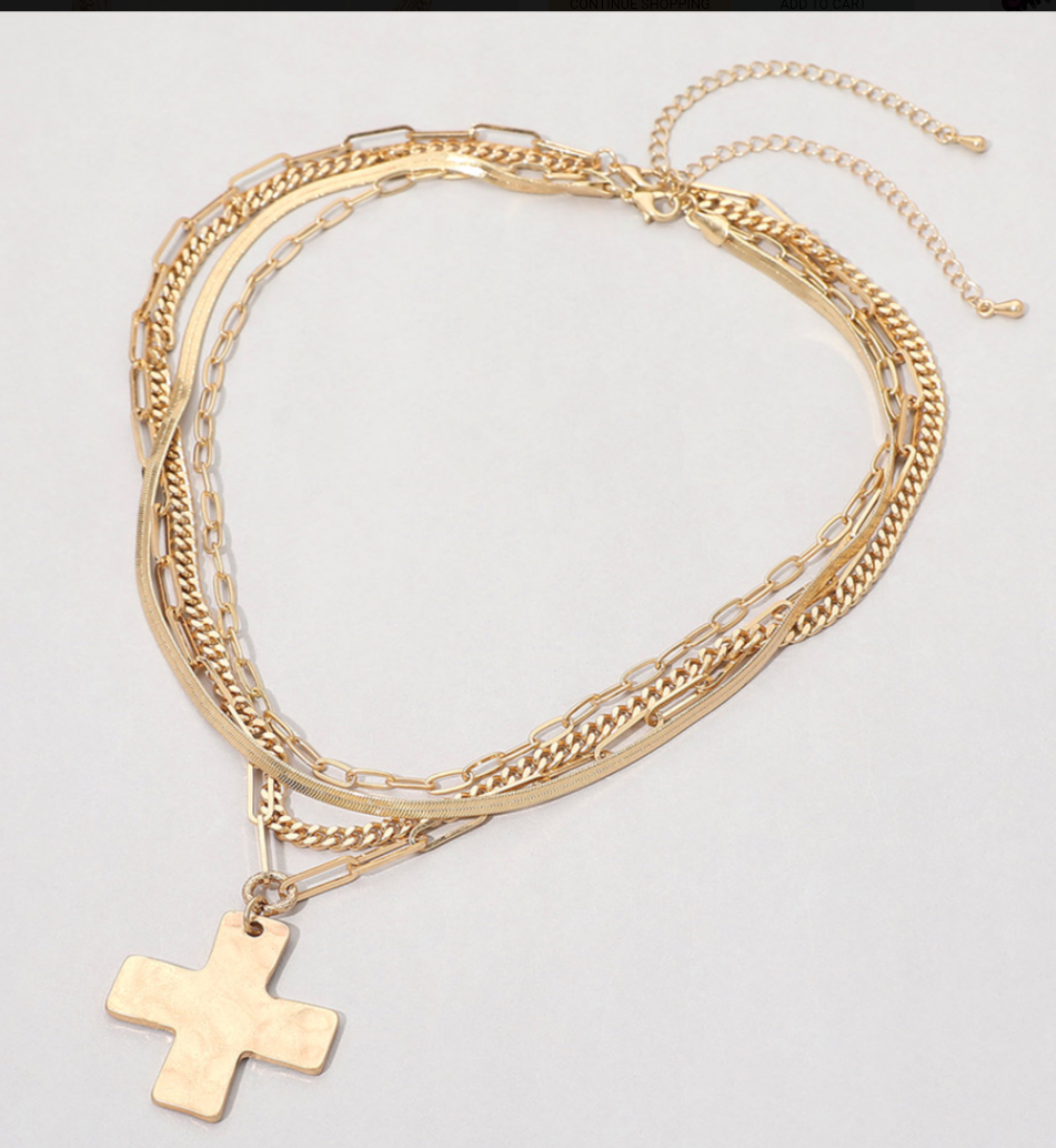 2PCS - Hammered Metal Cross Pendant Accent Multi Chain Layered Necklaces