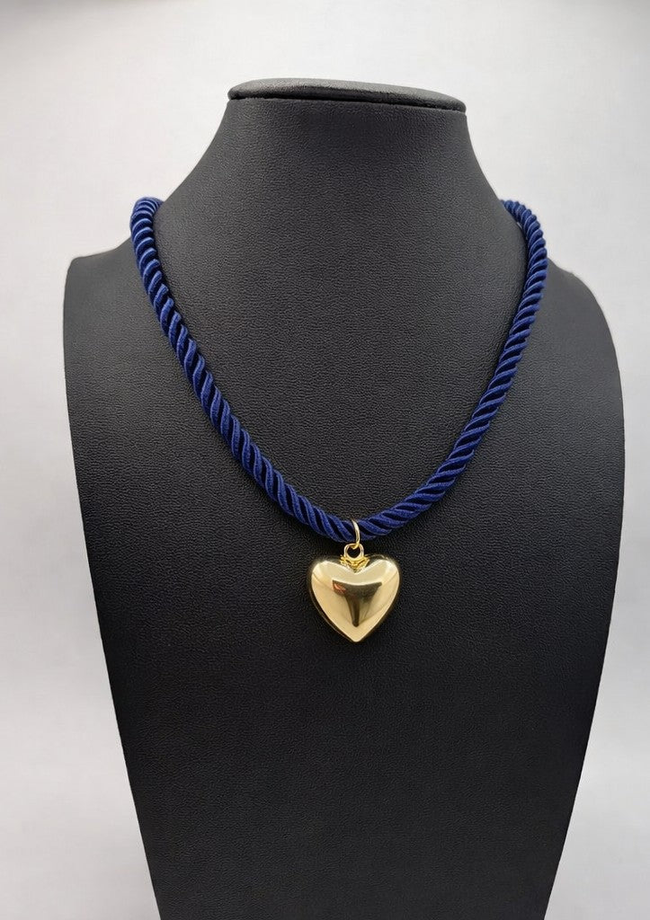 Navy Blue Silk Cord Necklace with Gold Heart Pendant