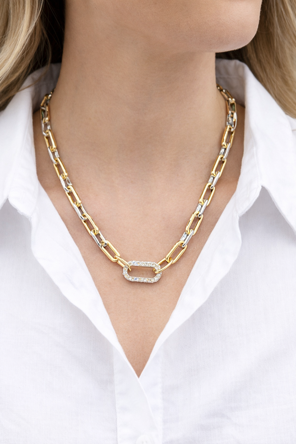 Gold Dipped Two Tone CZ Paved Lin Accent Chunky Paperclip Chain Necklace