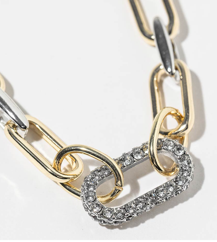 Gold Dipped Two Tone CZ Paved Lin Accent Chunky Paperclip Chain Necklace