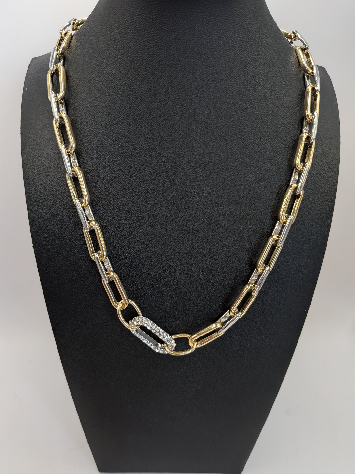 Gold Dipped Two Tone CZ Paved Lin Accent Chunky Paperclip Chain Necklace