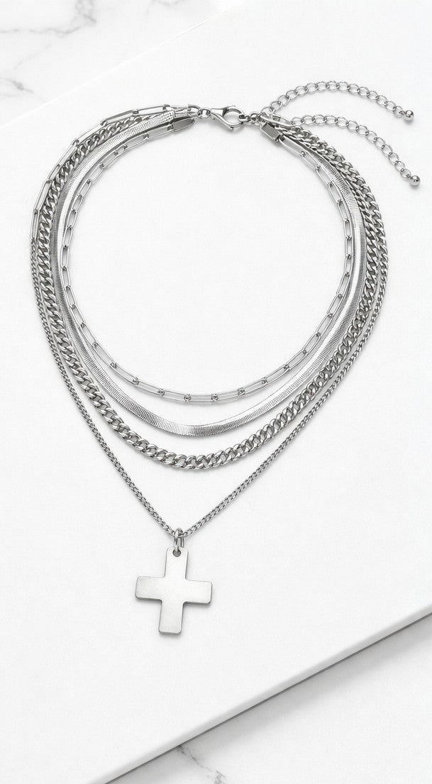 2PCS - Hammered Metal Cross Pendant Accent Multi Chain Layered Necklaces