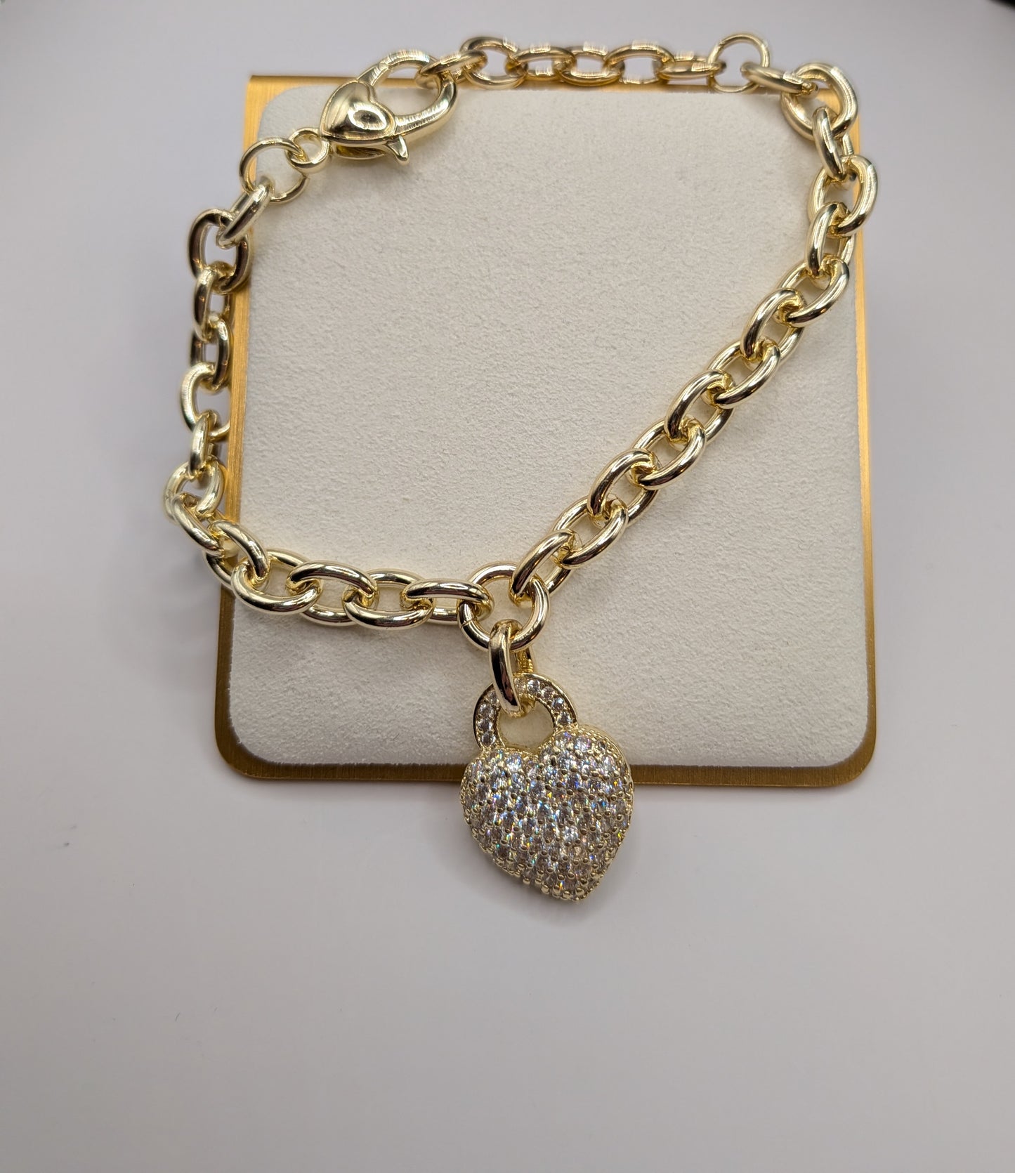 14K Gold Plated CZ Pave Heart Charm Chunky Chain Bracelet