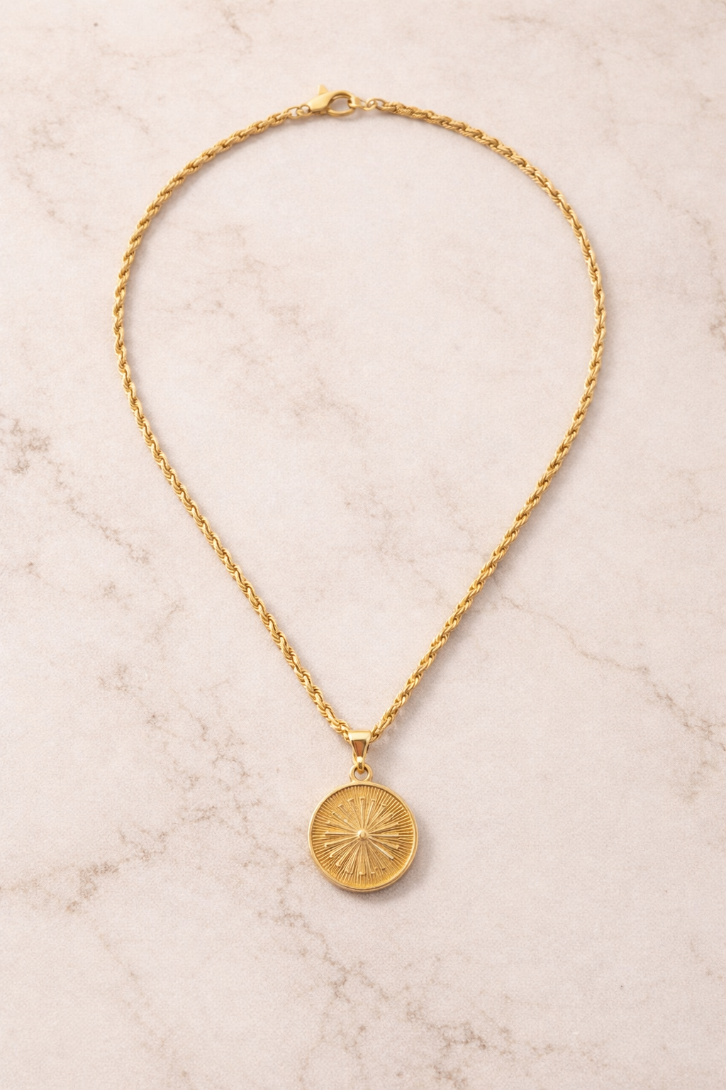 Gold Sunburst Medallion Necklace | Rope Chain Pendant | 18” Statement Necklace