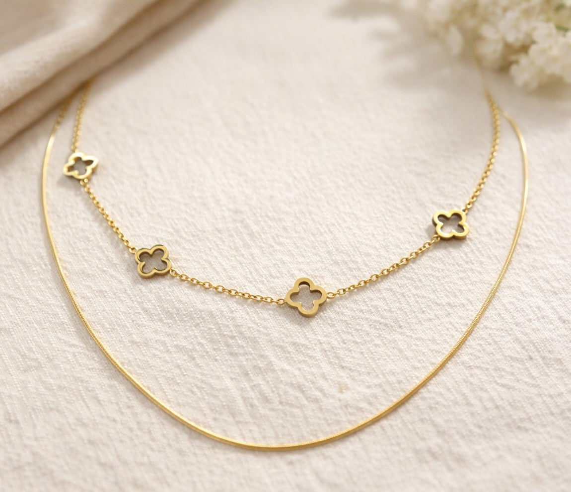 18K Gold PVD Stainless Steel Layered Clover Charm Necklace