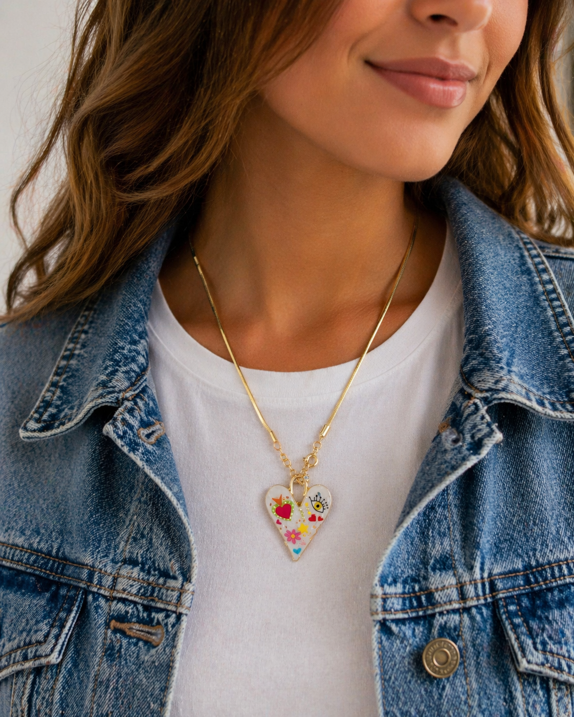 Whimsical Heart Charm Necklace – Gold Chain with Colorful Artistic Pendant | Cute Statement Jewelry |
