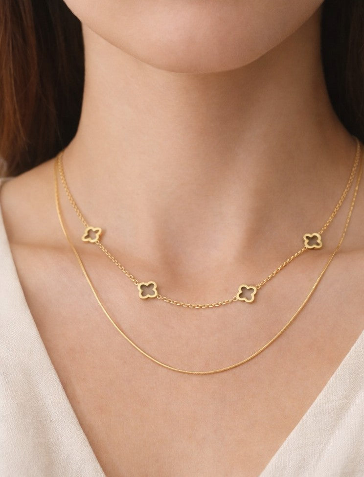 18K Gold PVD Stainless Steel Layered Clover Charm Necklace