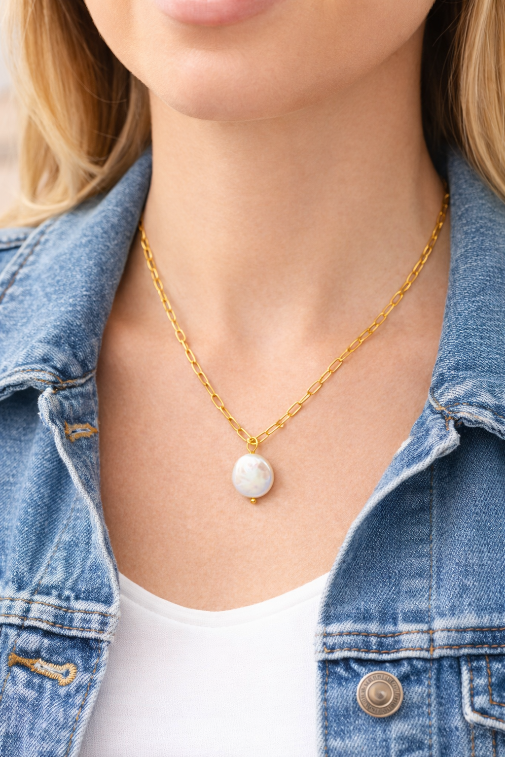 Luminous “classic pearl-style accent Pendant Necklace on Gold Paperclip  PVD Chain .