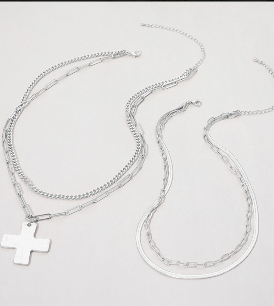 2PCS - Hammered Metal Cross Pendant Accent Multi Chain Layered Necklaces