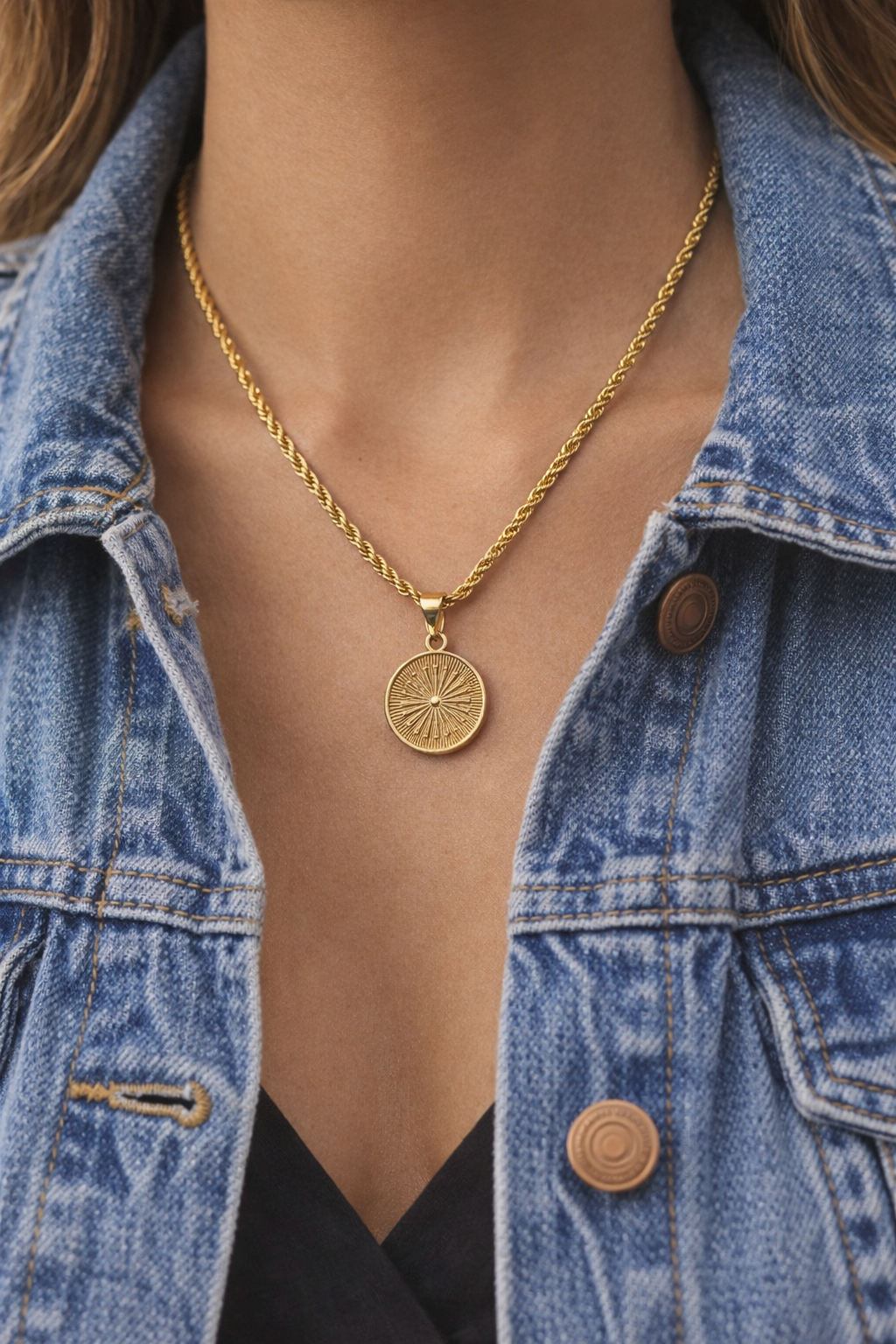 Gold Sunburst Medallion Necklace | Rope Chain Pendant | 18” Statement Necklace