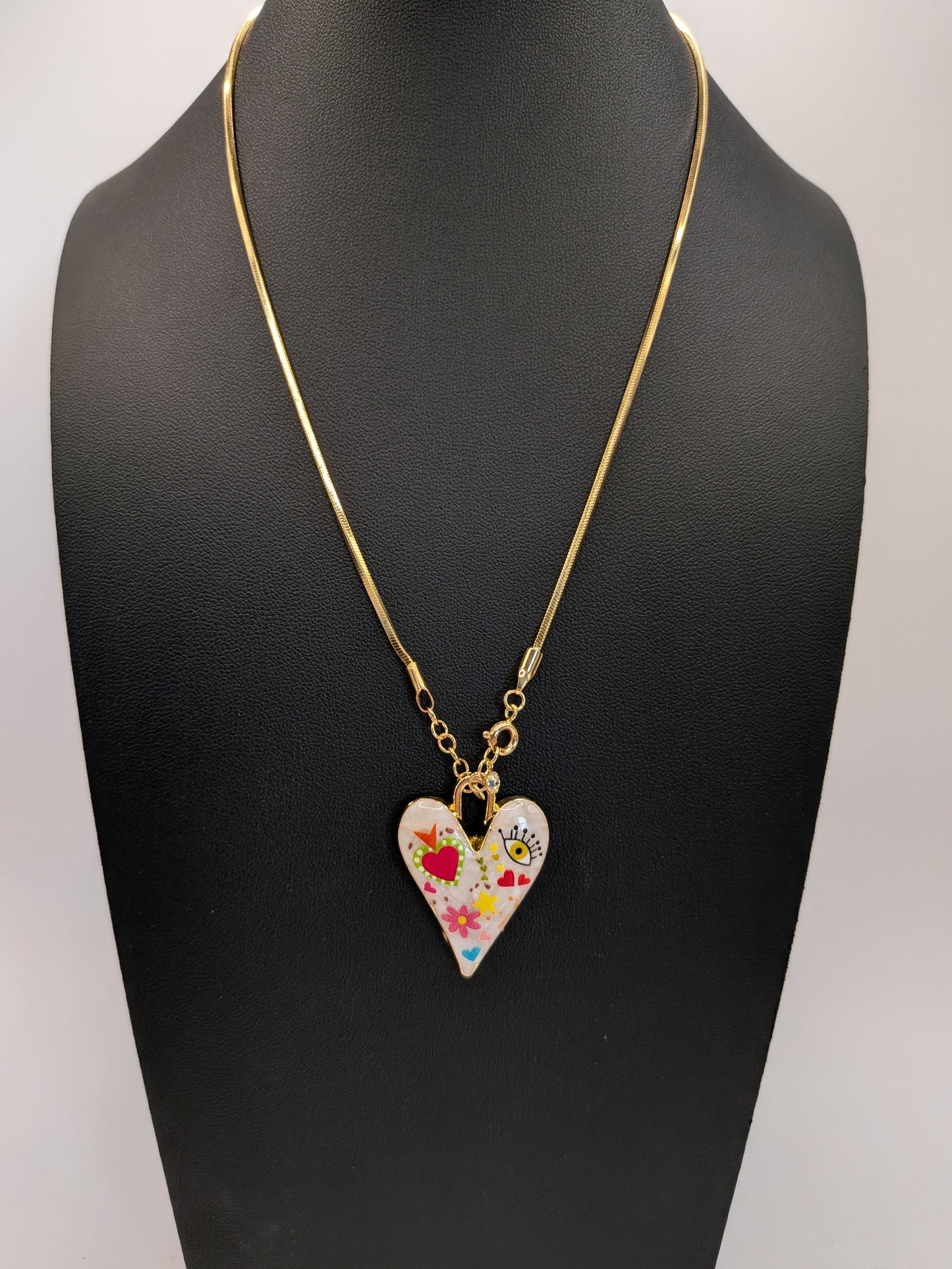 Whimsical Heart Charm Necklace – Gold Chain with Colorful Artistic Pendant | Cute Statement Jewelry |