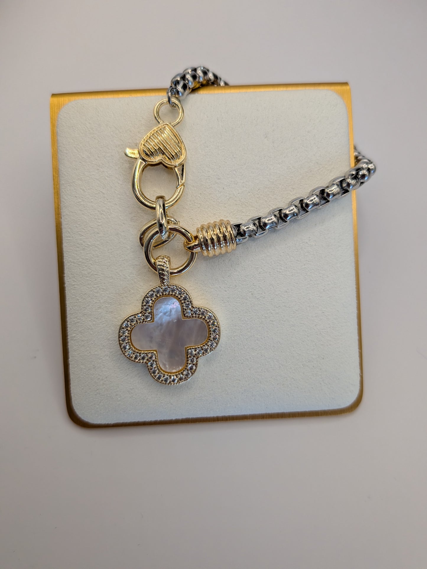 14K Gold Plated Two Tone CZ Stone Paved Quatrefoil Charm Bracelet
