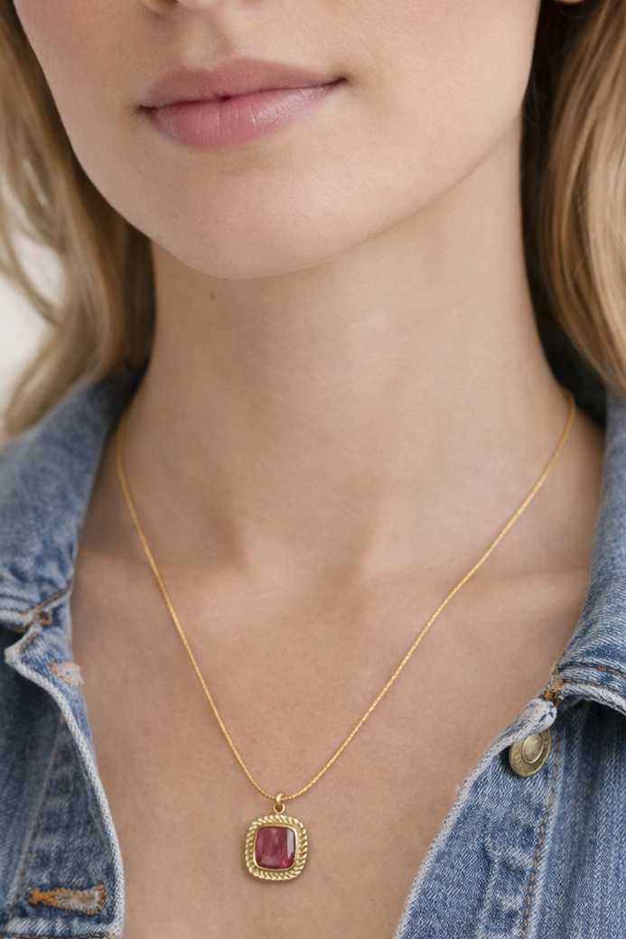 Blush Pink Stone Gold Pendant Necklace | Dainty Square Charm | Everyday Elegant Jewelry