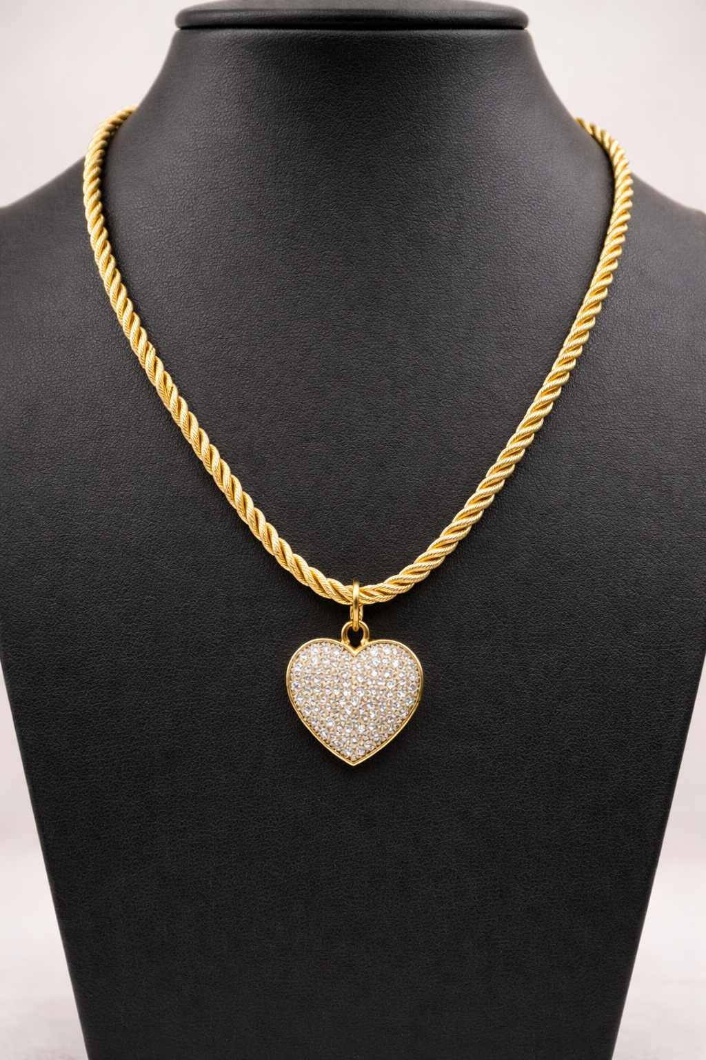Gold Silk Rope Necklace with Pavé Heart Pendant