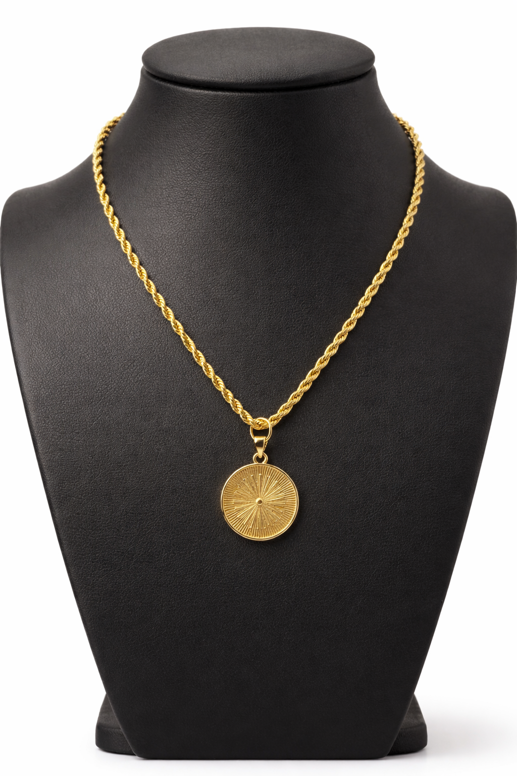 Gold Sunburst Medallion Necklace | Rope Chain Pendant | 18” Statement Necklace