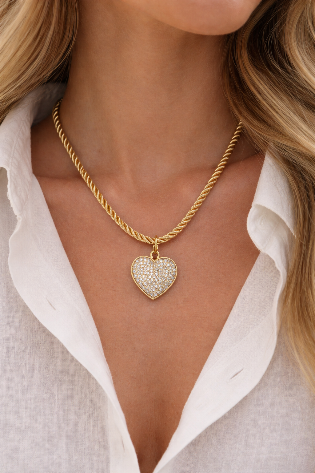 Gold Silk Rope Necklace with Pavé Heart Pendant