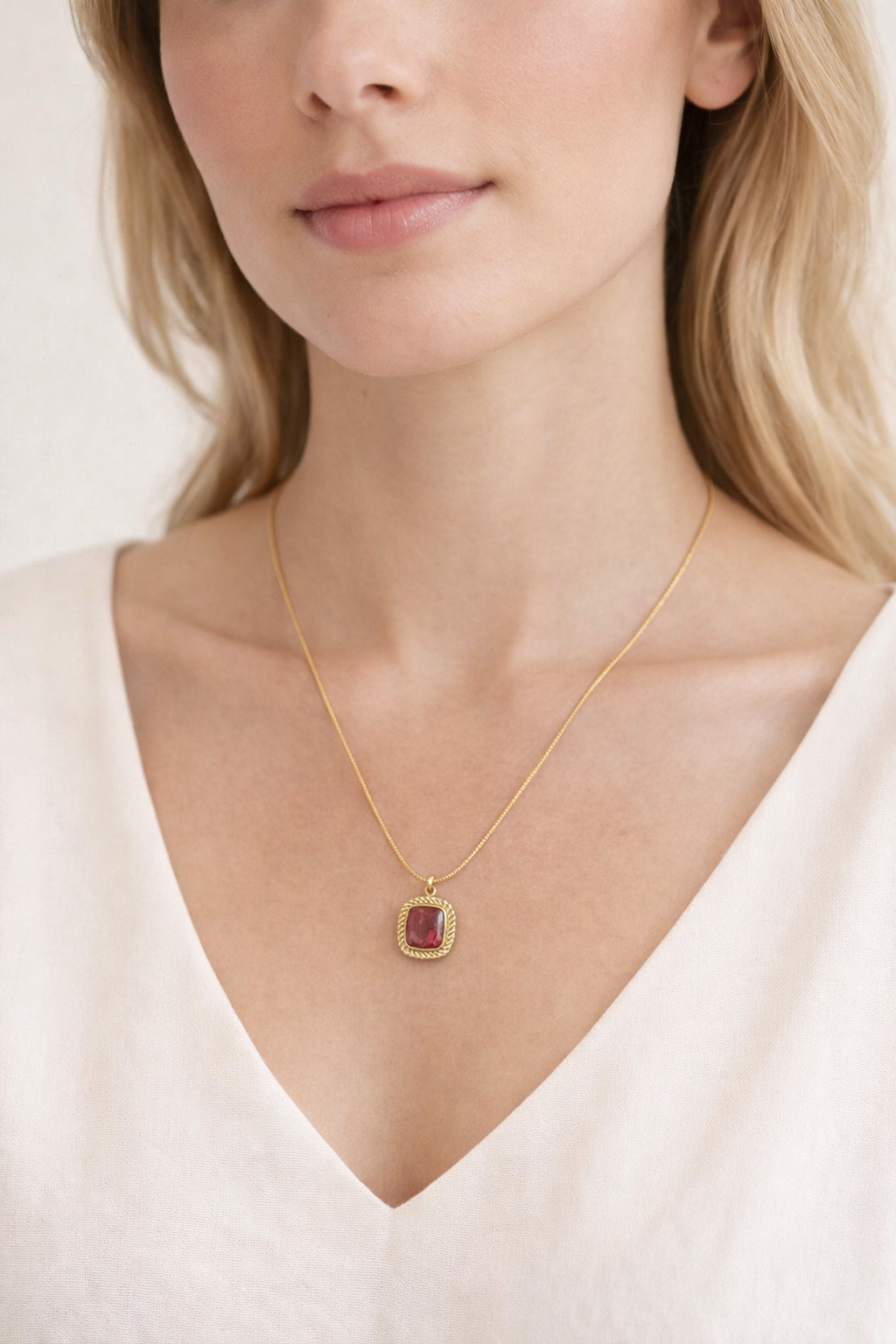 Blush Pink Stone Gold Pendant Necklace | Dainty Square Charm | Everyday Elegant Jewelry